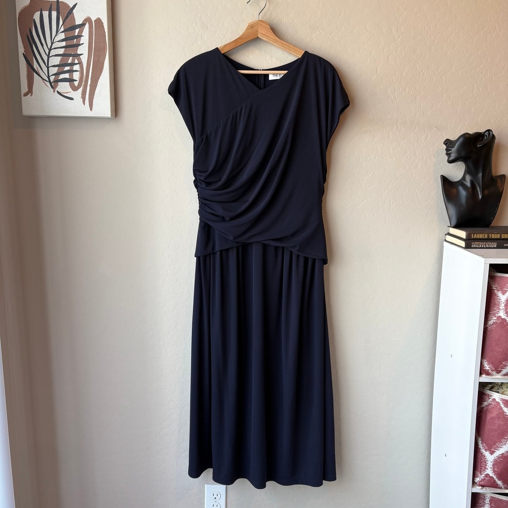 The Fold London Dress Navy Blue Draped Ruching Jersey Midi Dress‎ US 12